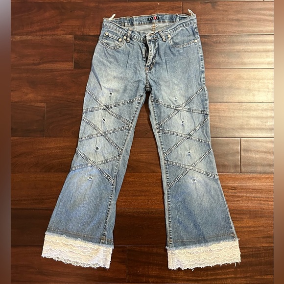 Low rise flare jeans with lace & chain detailing - Picture 1 of 4